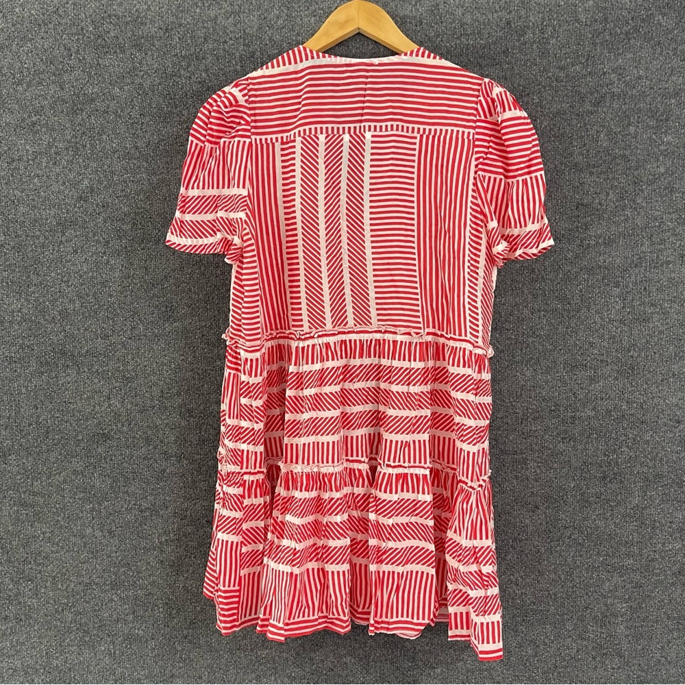 AQUA Women’s Mini Dress Size Large Red White Striped Print V Neck Ruffle Hem - Picture 3 of 7